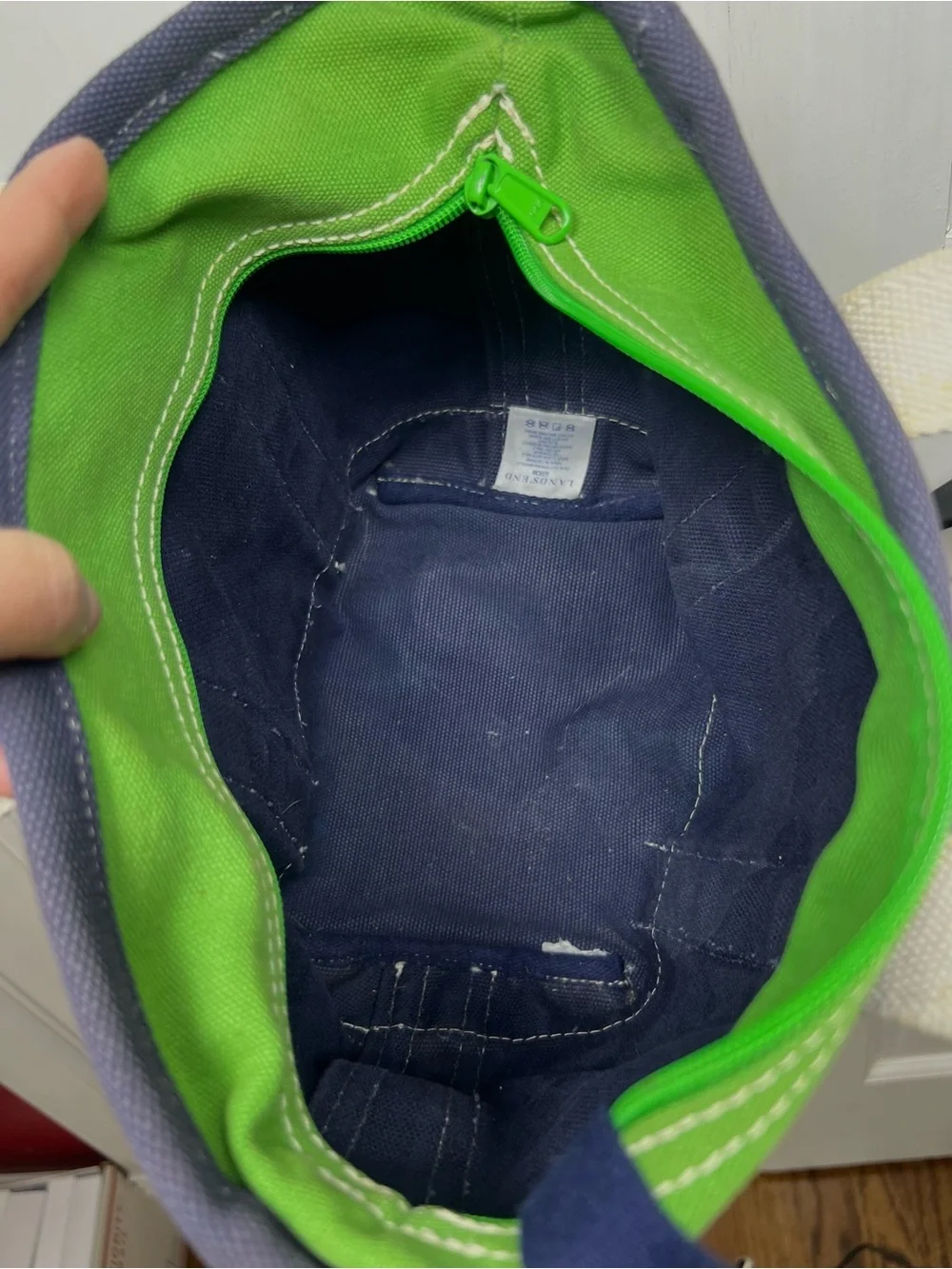 Lands End Vintage Small Zippered Tote Navy Blue/Lime Green 12x9x6